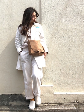 「ワークパンツ」｜「アイテム（ステンカラーコート）」を使った、natsumiiiさん（レディース・159cm）の春コーディネート