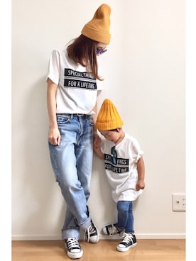 「DRESKIP（ドレスキップ）のアイテム（ニットキャップ/ビーニー）」を使った、LeO*さん（キッズ・90cm）の春コーディネート