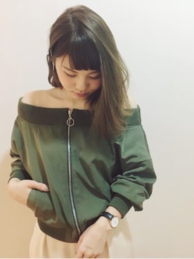 「アイボリー」｜「アイテム（MA-1）」を使った、r u m iさん（レディース・157cm）の冬コーディネート
