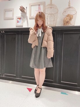 「ボウタイ」｜「アイテム（ダウンジャケット/コート）」を使った、マジェスティックレゴンHEPFIVE店スタッフさん（レディース・155cm）の冬コーディネート