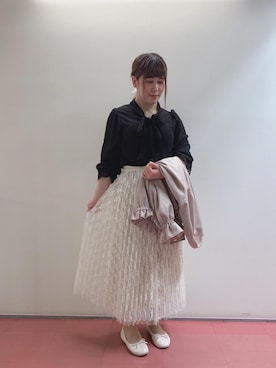 「ショートブルゾン」｜「アイテム（バレエシューズ）」を使った、マジェスティックレゴンHEPFIVE店スタッフさん（レディース・155cm）の春コーディネート