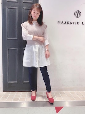 「MAJESTIC LEGON（マジェスティックレゴン）のアイテム（チュニック）」を使った、マジェスティックレゴンHEPFIVE店スタッフさん（レディース・155cm）の夏コーディネート