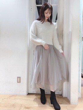 「オーガンジー」｜「アイテム（ブーツ）」を使った、マジェスティックレゴンHEPFIVE店スタッフさん（レディース・155cm）の秋コーディネート