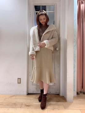 「ケーブルニット」｜「アイテム（ライダースジャケット）」を使った、マジェスティックレゴンHEPFIVE店スタッフさん（レディース・155cm）の冬コーディネート