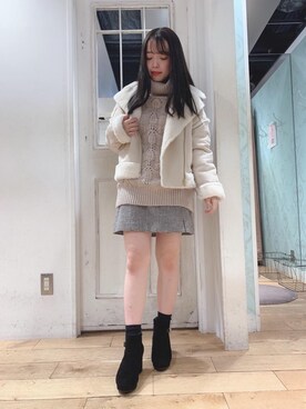 「ファー」｜「アイテム（ライダースジャケット）」を使った、マジェスティックレゴンHEPFIVE店スタッフさん（レディース・155cm）の冬コーディネート
