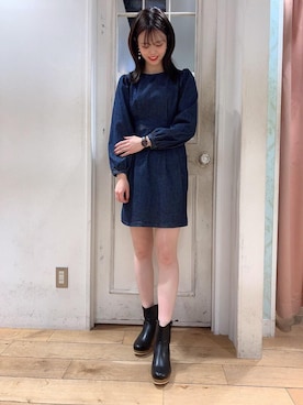 「デニムワンピ」｜マジェスティックレゴンHEPFIVE店スタッフさん（レディース・155cm）の冬コーディネート