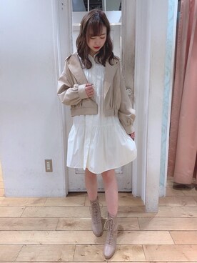 「シャツワンピ」｜「アイテム（ライダースジャケット）」を使った、マジェスティックレゴンHEPFIVE店スタッフさん（レディース・153cm）の冬コーディネート