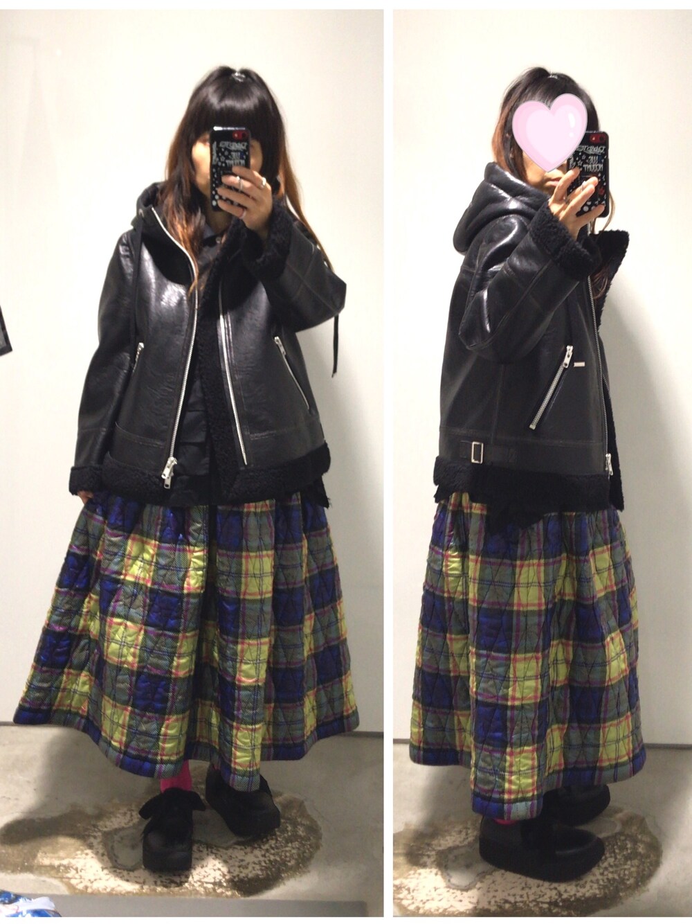 「休日スタイル、冬アウター、カジュアルガーリー、チェック、冬コーデ、コムデギャルソン、ロングスカート、シンプルコーデ」｜「tricot COMME des GARCONSのアイテム（その他アウター、ブラック系）」を使った、omronさん（レディース・152cm）の秋コーディネートの1枚目の写真