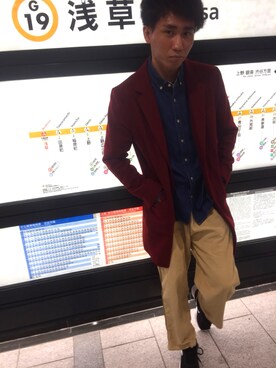 「EDWIN」｜「アイテム（チェスターコート）」を使った、かずてるさん（メンズ・172cm）の冬コーディネート