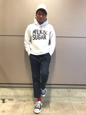「CIAOPANIC TYPY（チャオパニックティピー）のアイテム（ニットキャップ/ビーニー）」を使った、かずてるさん（メンズ・172cm）の冬コーディネート