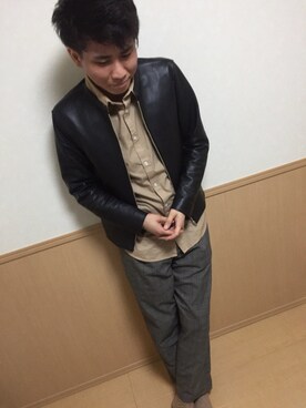 「グレンチェック」｜「アイテム（ライダースジャケット）」を使った、かずてるさん（メンズ・172cm）の春コーディネート