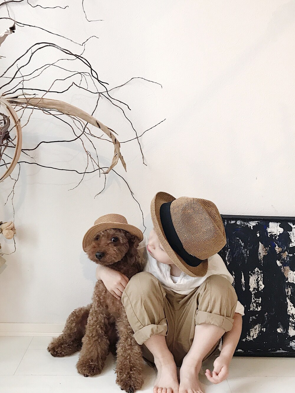 「夏、こどもコーデ、キッズファッション、男の子、麦わら帽子、男の子コーデ、プチプラ、5歳、リンクコーデ、息子」｜「ZARA homeのアイテム（帽子、ベージュ系）」を使った、norikofさん（キッズ・110cm）の夏コーディネートの1枚目の写真