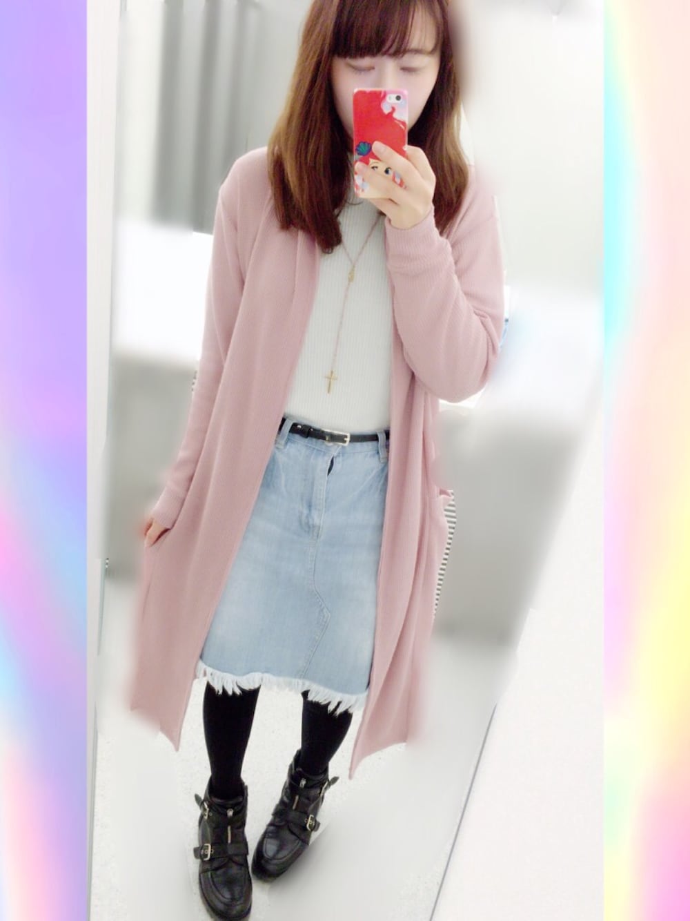 「ピンク、ガーリー、カジュアルコーデ」｜「WEGOのWEGO/ロングガウンカーディガン（カーディガン/ボレロ、ピンク系）」を使った、Kanaさん（レディース・161cm）の冬コーディネートの1枚目の写真