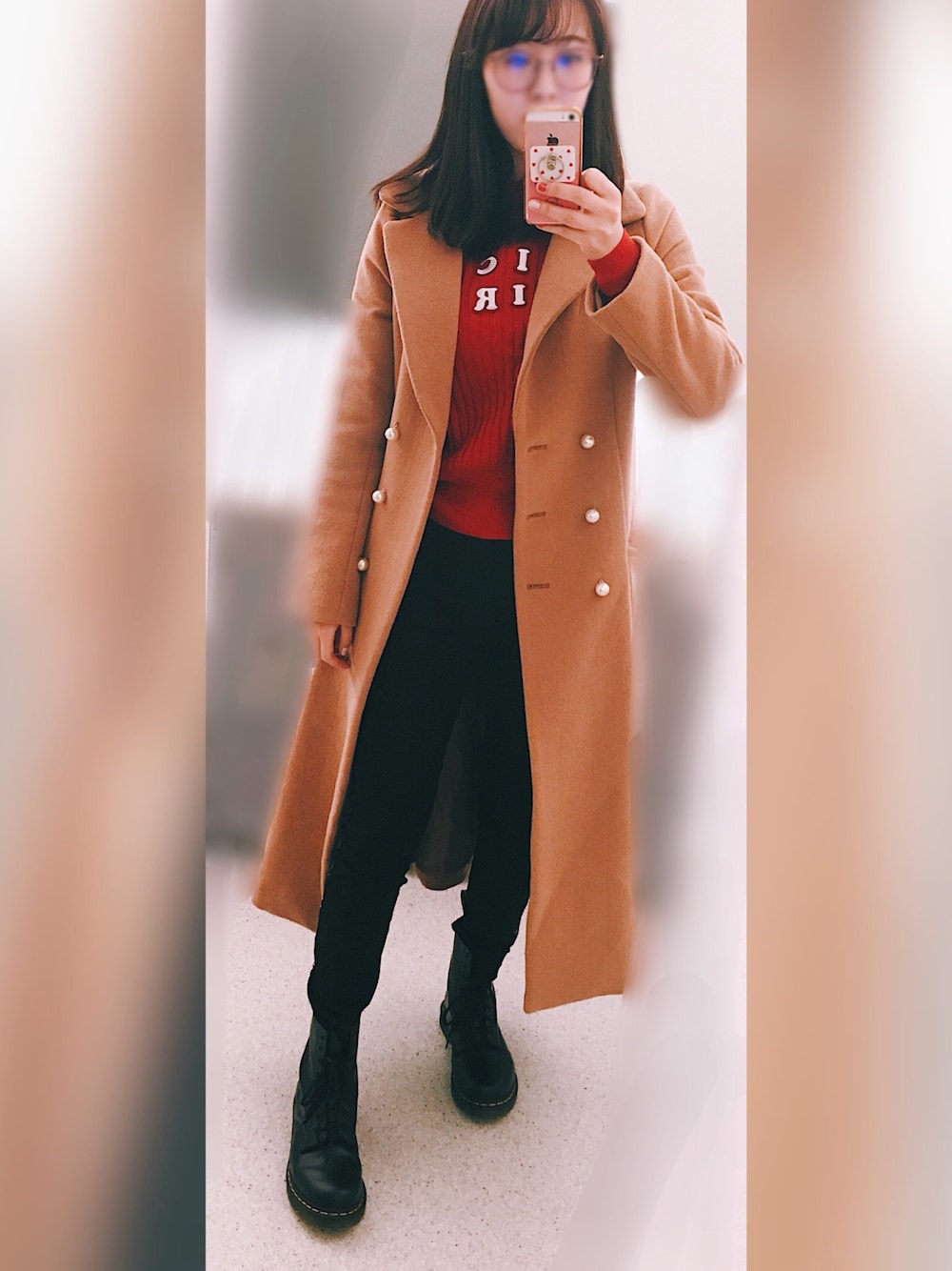 「Supreme.La.La.、Aymmy in the batty girls、Dr.Martens」｜「Aymmy in the batty girlsのRICH GIRL パフスリーブニット（ニット/セーター、レッド系）」を使った、Kanaさん（レディース・161cm）の冬コーディネートの1枚目の写真