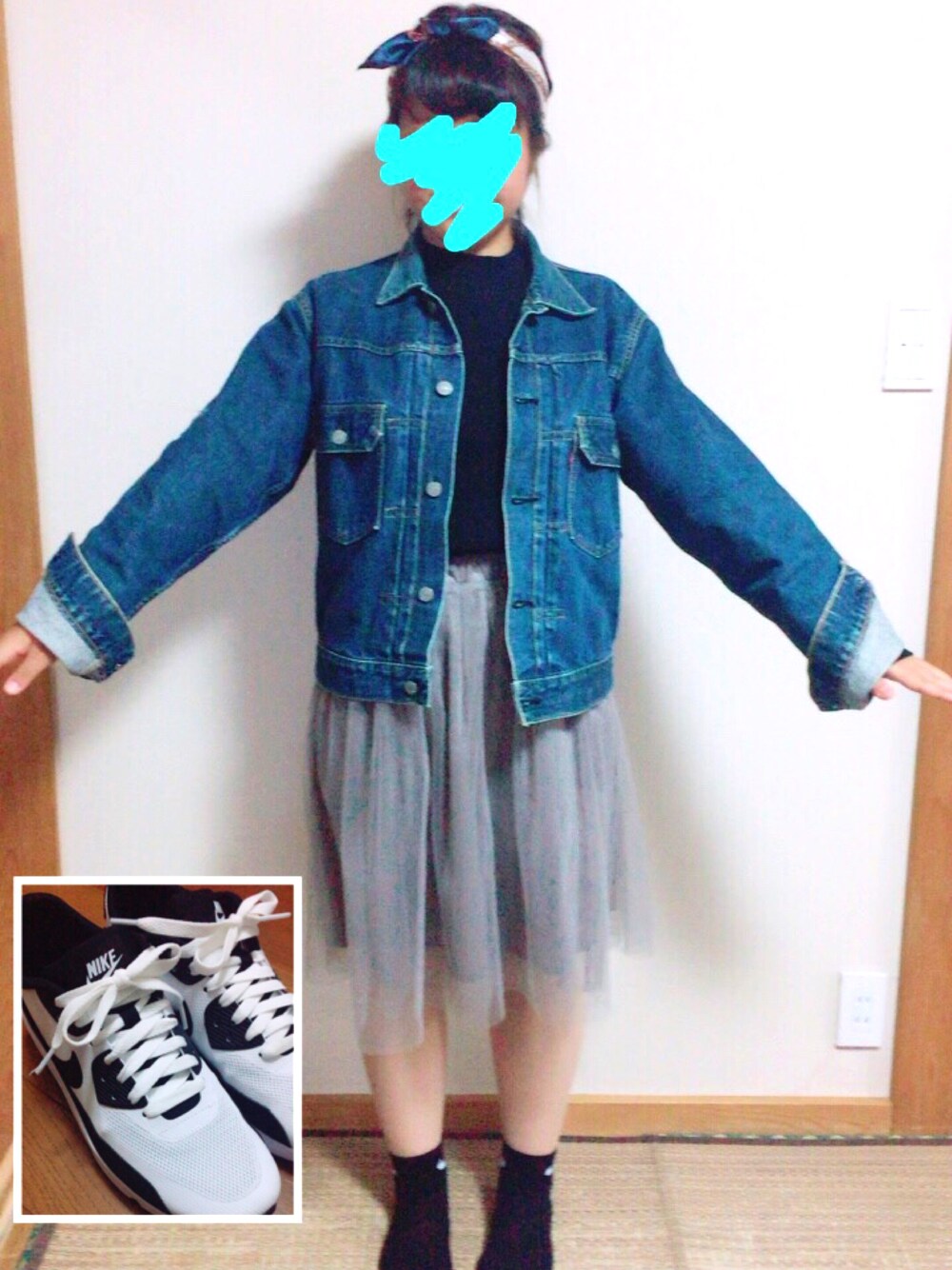 「おそろいコーデ、チュールスカート、雨、エアーマックス 90、ナイキ」｜「earthのアイテム（スカート、グレー系）」を使った、つーかまさん（レディース・158cm）の春コーディネートの1枚目の写真