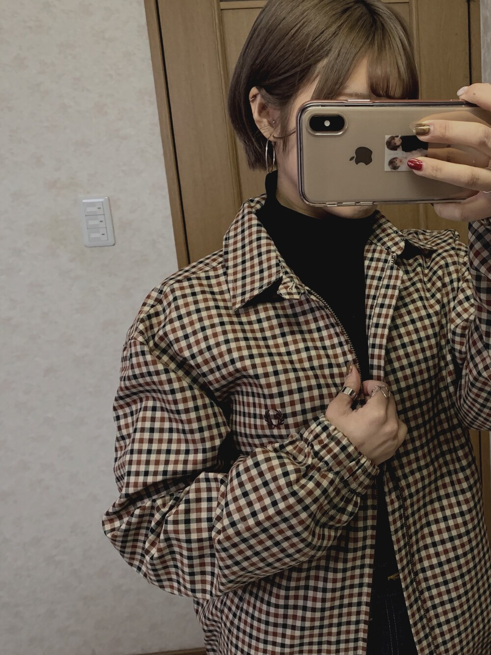 「カバンジャケット、フレッドペリー、チェック、オーバーサイズ」｜「FRED PERRYのFRED PERRY  / フレッドペリー : チェックカバンジャケット　#（ブルゾン、ベージュ系）」を使った、はむちゃんさん（レディース・157cm）の冬コーディネートの1枚目の写真