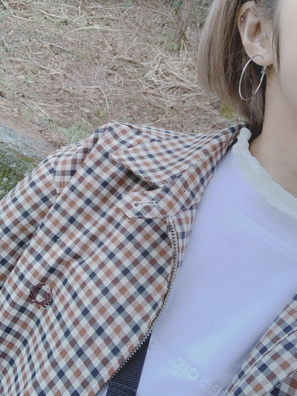 「AcneStudios、BEAMS、フレッドペリー(FRED PERRY)」｜「FRED PERRYのFRED PERRY  / フレッドペリー : チェックカバンジャケット　#（ブルゾン、ベージュ系）」を使った、はむちゃんさん（レディース・157cm）の冬コーディネートの1枚目の写真