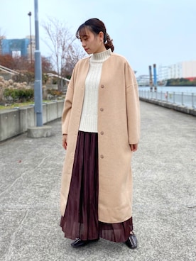 「白ニット」｜「アイテム（ノーカラージャケット）」を使った、　AMIさん（レディース・158cm）の冬コーディネート