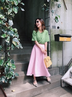 「Ameri（アメリ）のアイテム（かごバッグ）」を使った、黒石奈央子さん（レディース・152cm）の春コーディネート