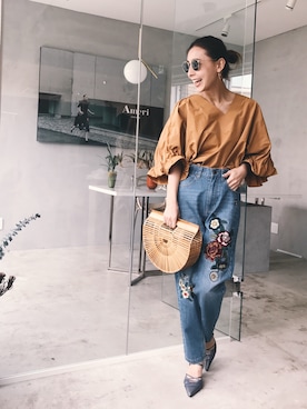 「Ameri（アメリ）のアイテム（デニムパンツ）」を使った、黒石奈央子さん（レディース・152cm）の夏コーディネート