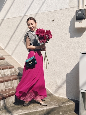 「Ameri（アメリ）のアイテム（ショルダーバッグ）」を使った、黒石奈央子さん（レディース・152cm）の夏コーディネート