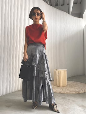 「Ameri（アメリ）のアイテム（Tシャツ/カットソー）」を使った、黒石奈央子さん（レディース・152cm）の夏コーディネート