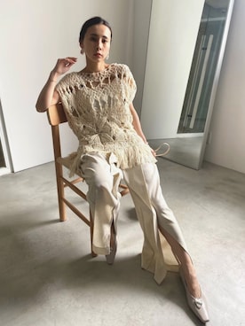 「Ameri（アメリ）のアイテム（ニット/セーター）」を使った、黒石奈央子さん（レディース・152cm）の夏コーディネート