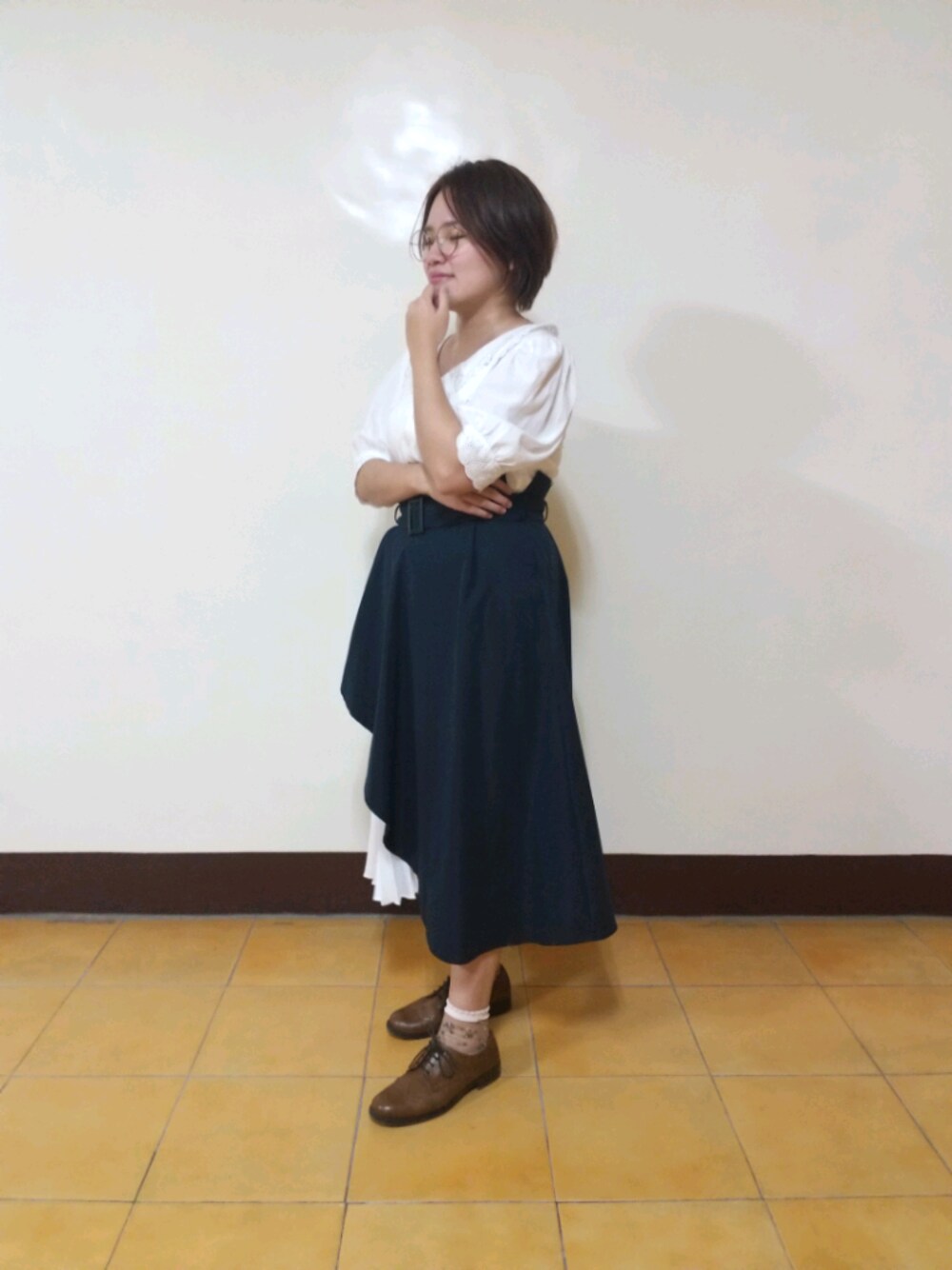 「ootd、韓系、拼接、刺繍、刺繍スカート、パブスリーブ、エレガント、英国トラッド」｜「JINSの【All Titanium -2-】オールチタン2（メガネ、ブラウン系）」を使った、呱呱🍯さん（レディース・152cm）の春コーディネートの1枚目の写真