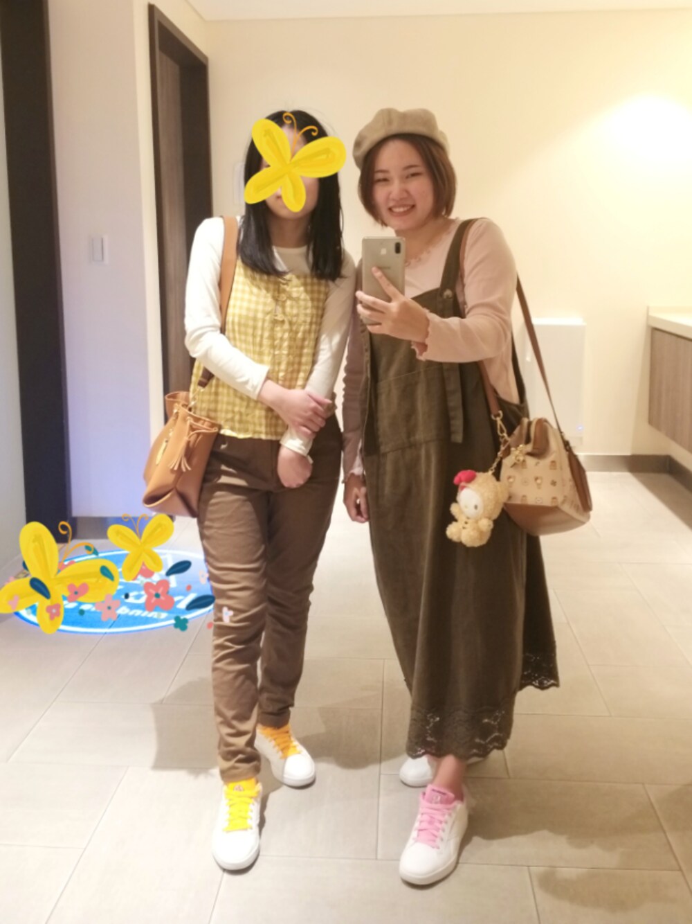 「ootd、秋のコーデ、姉妹コーデ、ブラウン、reebok、球鞋、休閒、BT21」｜「Apple Parkの正韓國後綁帶螺紋T恤（Tシャツ/カットソー、ピンク系）」を使った、呱呱🍯さん（レディース・152cm）の春コーディネートの1枚目の写真
