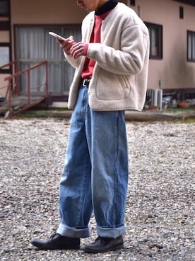 「UNIQLO（ユニクロ）のハイライズワイドストレートジーンズ（デニムパンツ）」を使った、ナベ太郎さん（メンズ・163cm）の冬コーディネート