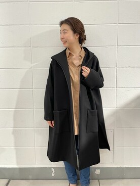 「BEARDSLEY（ビアズリー）のダンボールBIGコート（その他アウター、ブラック系）」を使った、katoさん（レディース・154cm）の秋コーディネート