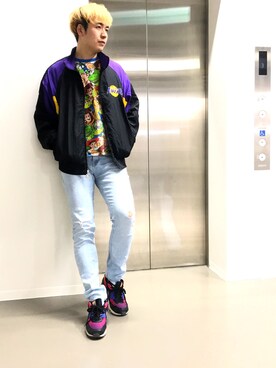 「総柄トップス」｜「アイテム（ナイロンジャケット）」を使った、charlie(チャーリー)さん（メンズ・181cm）の冬コーディネート