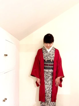 「アイテム（着物、レッド系）」を使った、kimonoyakinuriさん（レディース・156cm）の秋コーディネート
