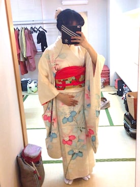 「着物」｜「アイテム（オールインワン・サロペット）」を使った、真希波朱寿さん（レディース・158cm）の春コーディネート