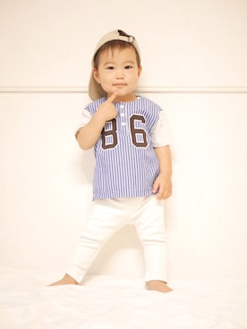 「petit main（プティマイン）のナンバリングアップリケ半袖Tシャツ（Tシャツ/カットソー、ブルー系）」を使った、haru2018522さん（キッズ・90cm）の秋コーディネート
