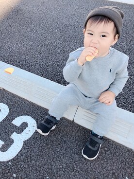 「韓国子供服のアイテム（ニットキャップ/ビーニー、グレー系）」を使った、haru2018522さん（キッズ・90cm）の秋コーディネート