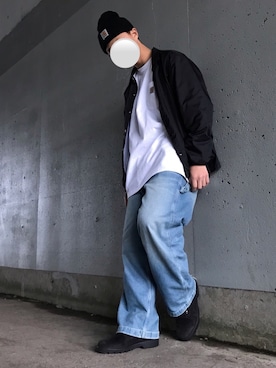 「carhartt」｜「アイテム（ナイロンジャケット）」を使った、スズキハルさん（メンズ・177cm）の冬コーディネート