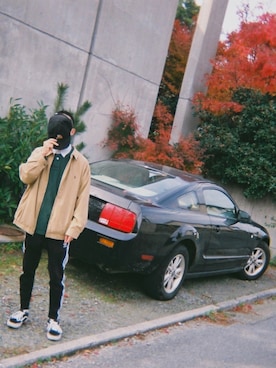 「RIPNDIP（リップンディップ）のアイテム（帽子）」を使った、まがみさん（メンズ・165cm）の冬コーディネート