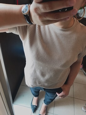 「ZOZO（ゾゾ）のスリムテーパードデニムパンツ［WOMEN］（デニムパンツ）」を使った、あッこさん（レディース・155cm）の夏コーディネート