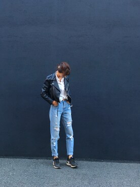 「FOREVER 21」｜「アイテム（ライダースジャケット）」を使った、mii☺︎さん（レディース・162cm）の春コーディネート