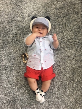 「BeBe（ベベ）のアイテム（キャップ）」を使った、ao53さん（キッズ・70cm）の春コーディネート