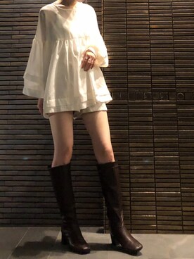「シア―ブラウス」｜「アイテム（ブーツ）」を使った、shiroさん（レディース・158cm）の秋コーディネート