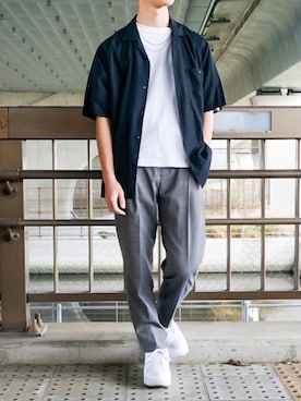 「UNIQLO（ユニクロ）のエアリズムコットンオーバーサイズTシャツ（5分袖）（Tシャツ/カットソー）」を使った、Ryoさん（メンズ・170cm・10代）の春コーディネート