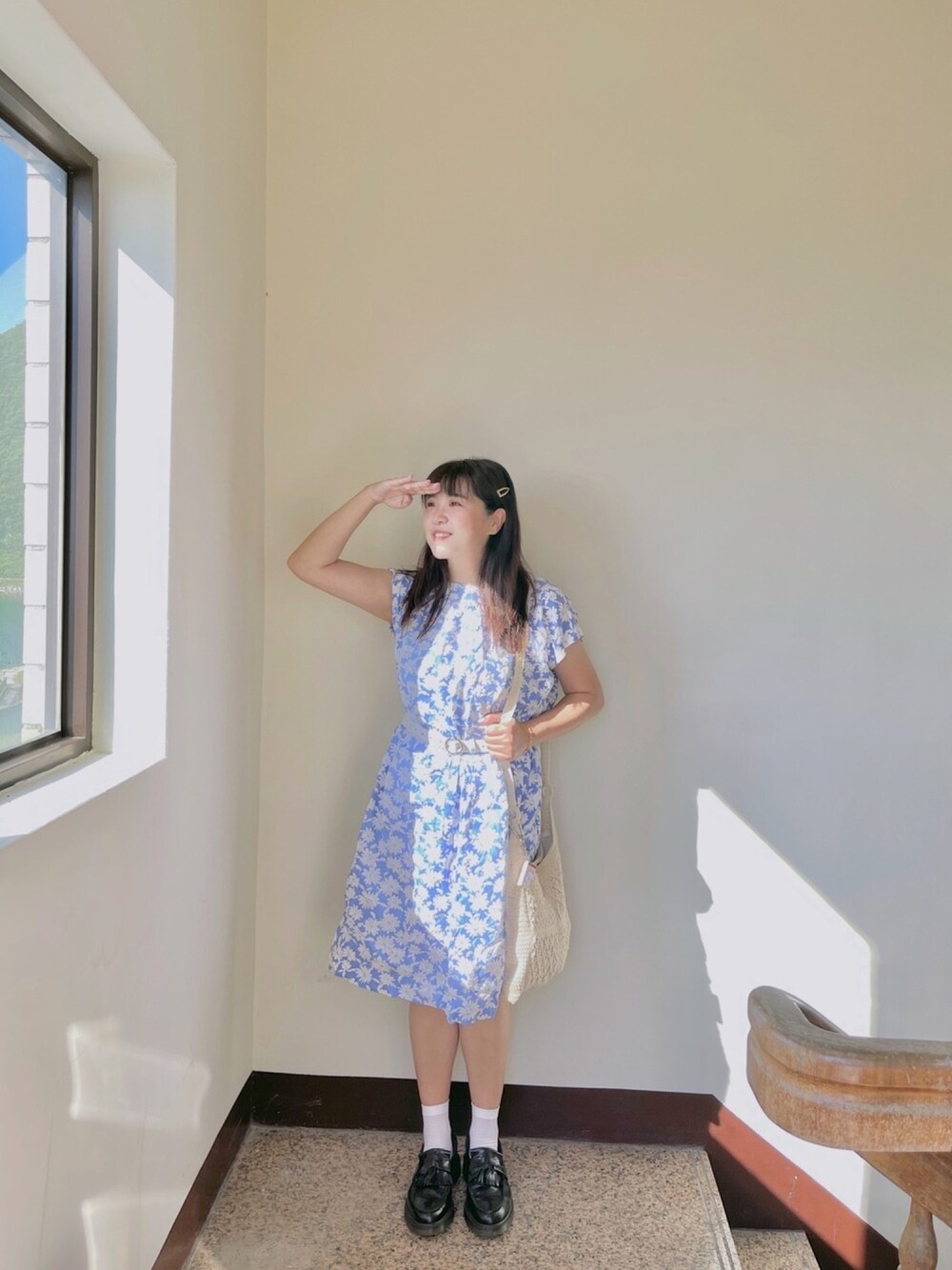 「ootd、夏、休閒、復古、古着、古着MIX、古着好きな人と繋がりたい、古着コーデ、ワンピース、古著」｜「古着のアイテム（ワンピース、ブルー系）」を使った、Naoさん（レディース・160cm）の夏コーディネートの1枚目の写真