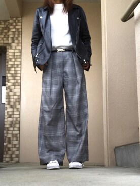 「タータンチェック」｜「アイテム（ライダースジャケット）」を使った、Harumakiさん（レディース・155cm）の春コーディネート