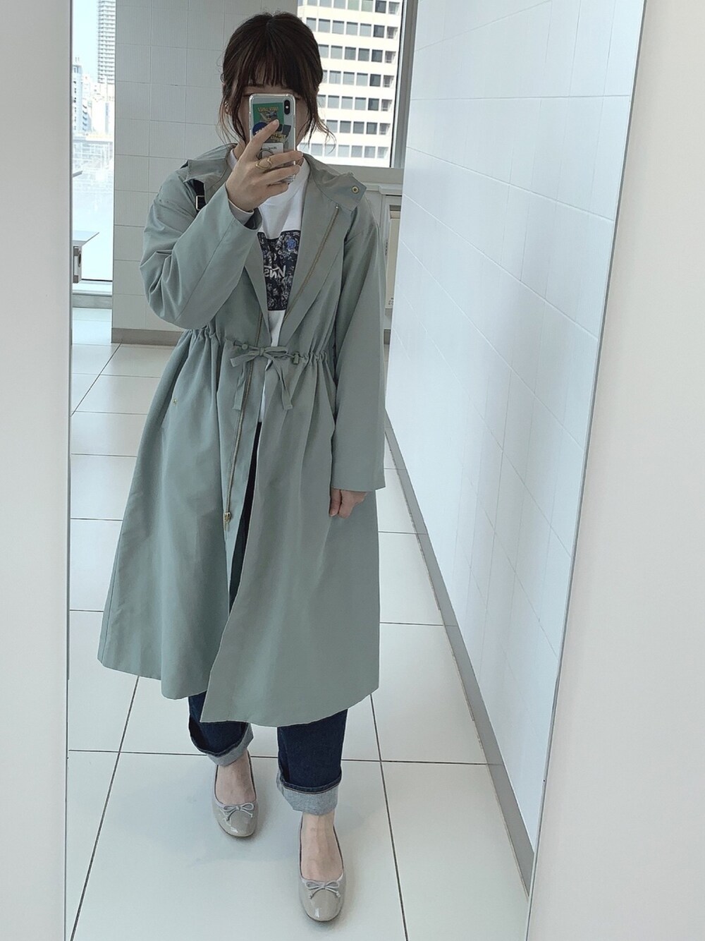 「春コーデ、GU、Kastane、バレエシューズ、ootd、spring」｜「GUのアイテム（ジャケット/アウター、グリーン系）」を使った、いくらちゃんさん（レディース・162cm）の春コーディネートの1枚目の写真