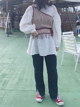 「赤」｜「アイテム（タンクトップ）」を使った、いくらちゃんさん（レディース・162cm）の秋コーディネート