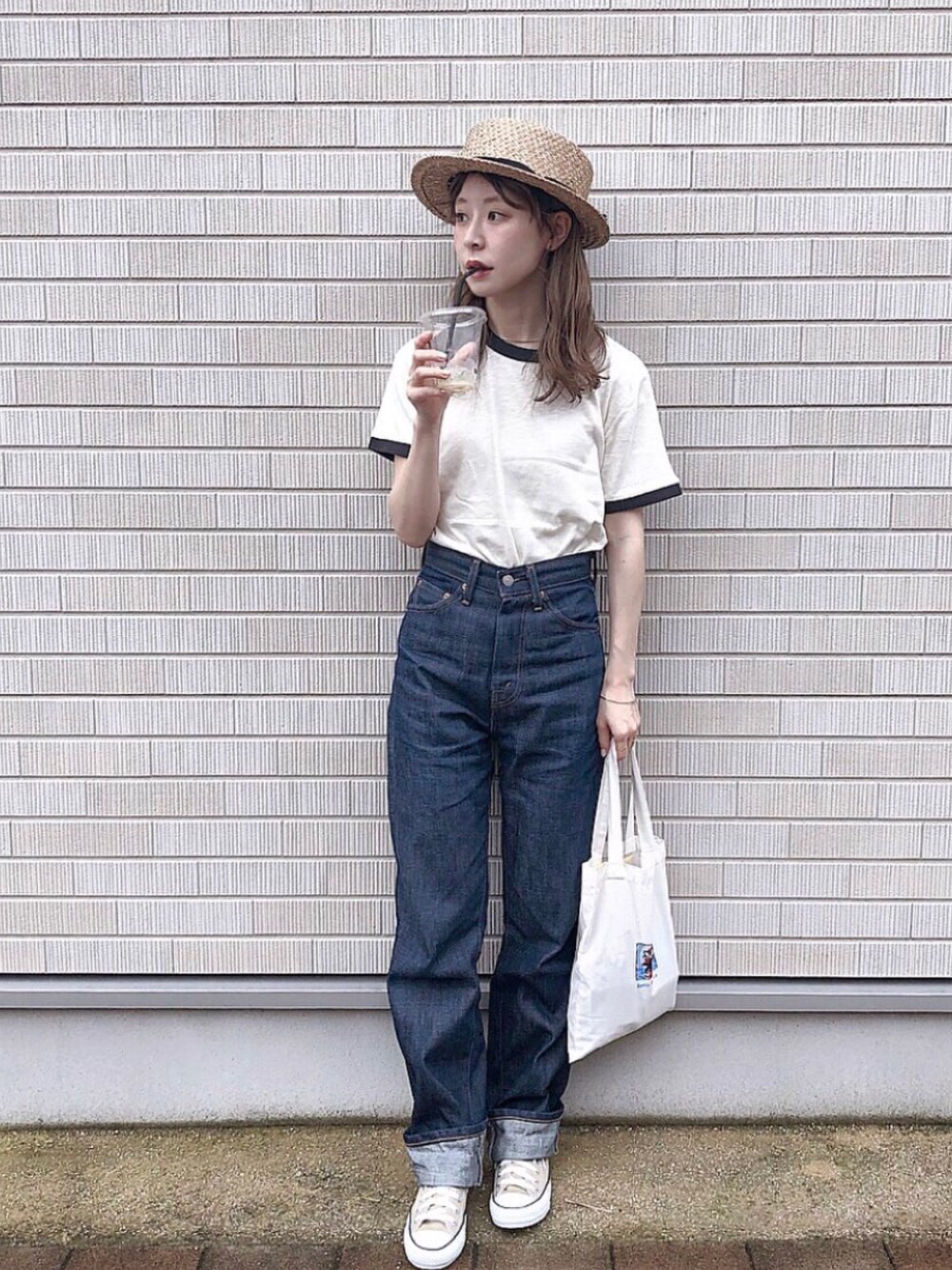 「夏コーデ、シンプルコーデ、オトナカジュアル、リンガーTシャツ、低身長、カンカン帽、701、LEVIS VINTAGE CLOTHING、ハイウエスト」｜「FREAK'S STOREのWEB限定 Healthknit/ヘルスニット スラブリンガークルーネック半袖Tシャツ（Tシャツ/カットソー、グレー系）」を使った、har ( ハル )さん（レディース・153cm）の夏コーディネートの1枚目の写真