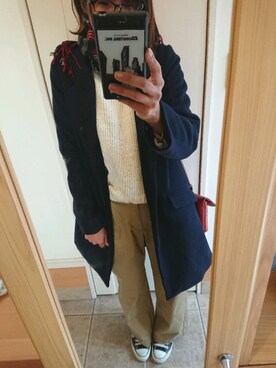 「SEVENDAYS=SUNDAY（セブンデイズサンデイ）のアイテム（チェスターコート）」を使った、めぐっぺさん（レディース・159cm）の冬コーディネート