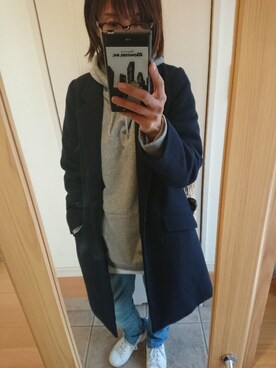 「SEVENDAYS=SUNDAY（セブンデイズサンデイ）のアイテム（チェスターコート）」を使った、めぐっぺさん（レディース・159cm）の冬コーディネート